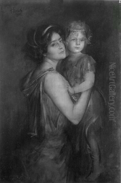 Mother + child, (Frau Prof. Ronband mit Lenbachs Tochter Marion) Oil Painting by Lenbach Franz Von
