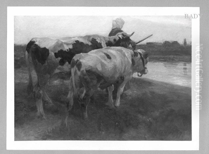 Madchen mit Kuhen Oil Painting by Heinrich Johann Von Zugel