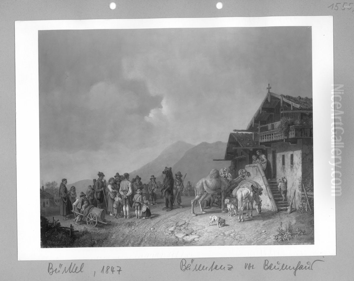 Barentanz vor einem Bauernhaus Oil Painting by Heinrich Burkel