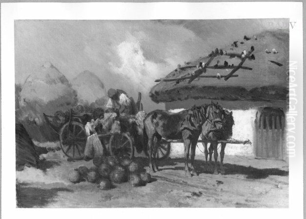 Peasant cart with house Oil Painting by August von Pettenkofen