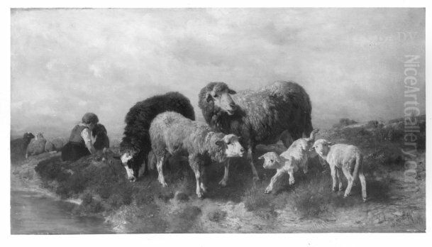 Schafherde mit Hirtenmadchen Oil Painting by Anton Braith