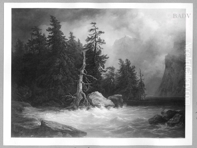 Gewitterlandschaft mit Bergsee Oil Painting by Josef Nikolaus Kriehuber