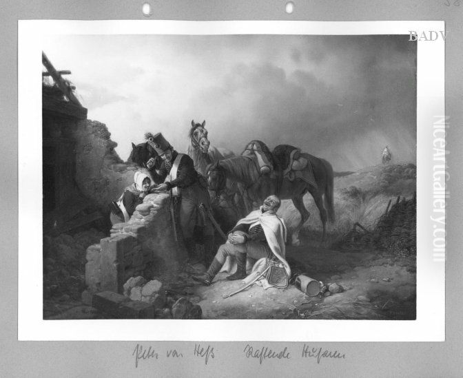 Rastende Soldaten mit Pferden ( Rastende Husaren) Oil Painting by Peter von Hess