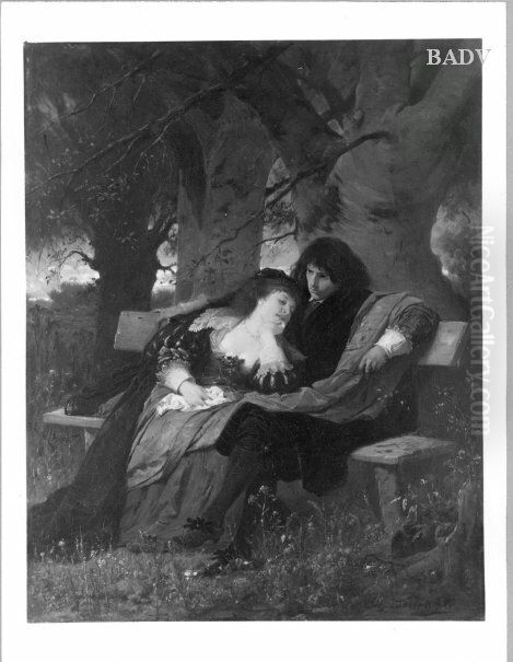 Young couple on a bench Oil Painting by Claudius Schraudolph