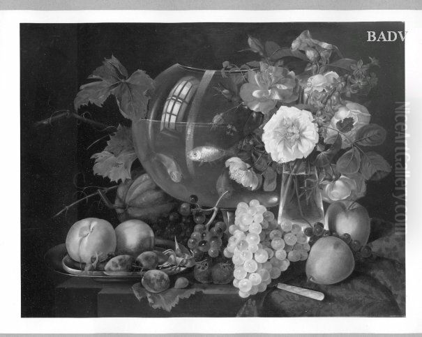Blumenstillleben mit Fruchten und Goldfischglas Oil Painting by Ferdinand Georg Waldmuller