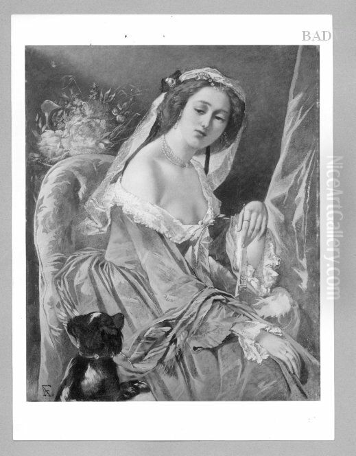 lady with fan + dog Oil Painting by Anselm Friedrich Feuerbach
