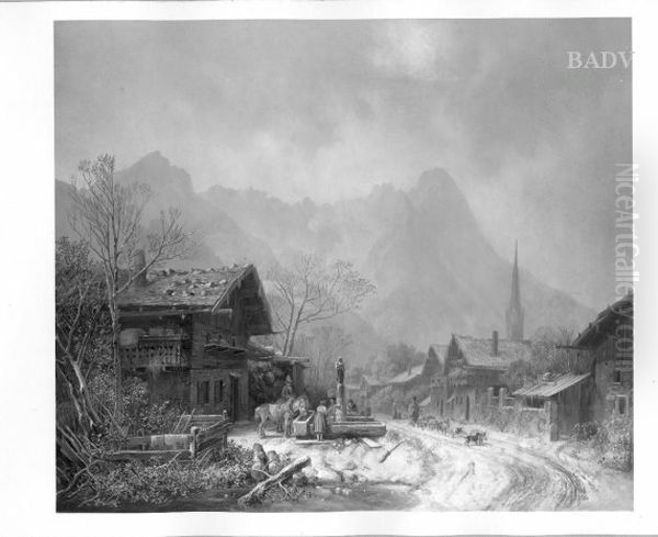 Village in winter Oil Painting by Heinrich Burkel