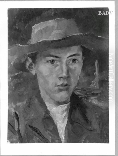 Junglingsportrat mit Hut auf grunem Hintergrund Oil Painting by Wilhelm Leibl