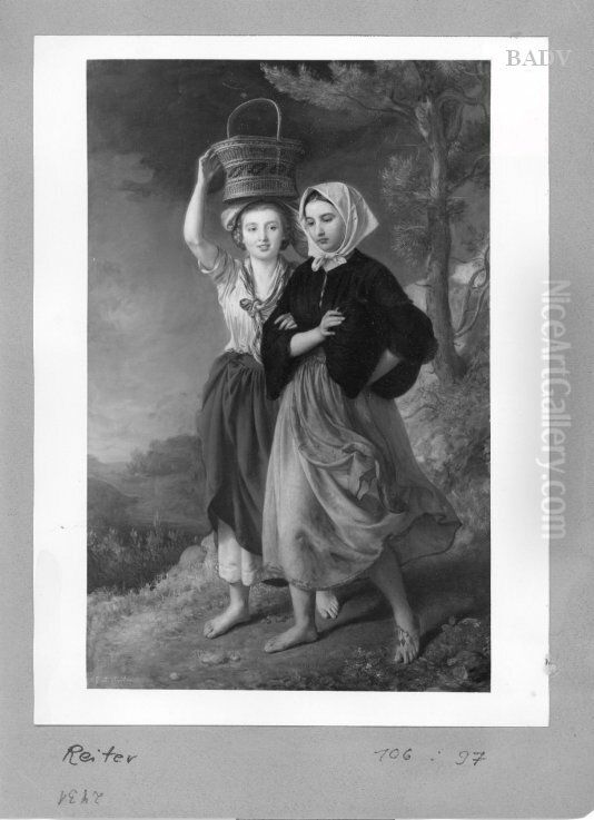 Zwei junge Madchen Oil Painting by Johann Baptist Reiter