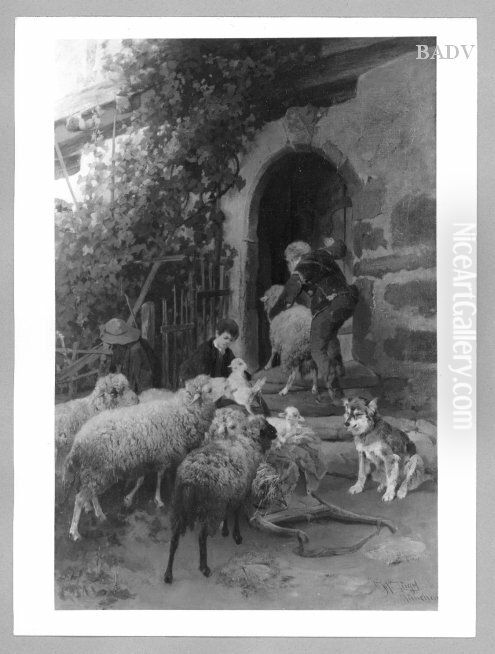 Schafherde und Hirt vor einem Haus Oil Painting by Heinrich Johann Von Zugel