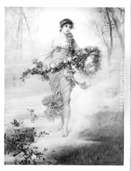 girl with flower-wreaths Oil Painting by Friedrich August von Kaulbach