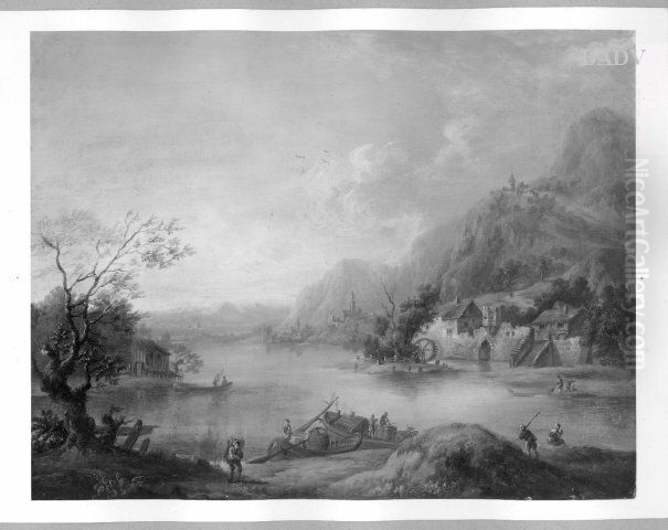 River- landscape with figures Oil Painting by Christian Georg Schutz