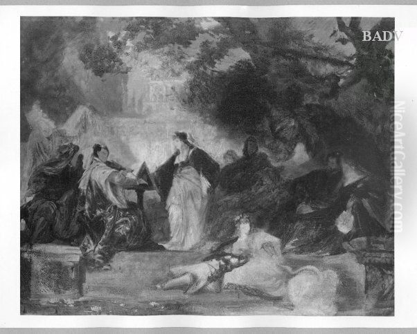 Party with musicians in an Ital. garden Oil Painting by Hans Makart
