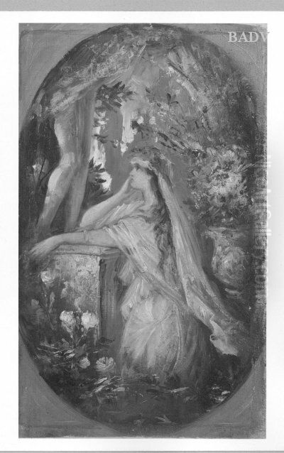 Kniende Frau mit Schleier vor einer Statue (Skizze) Oil Painting by Hans Makart