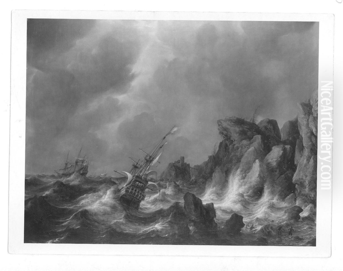 Sturmische See mit Segelschiffen und Kuste Oil Painting by Jan Abrahamsz Beerstraaten