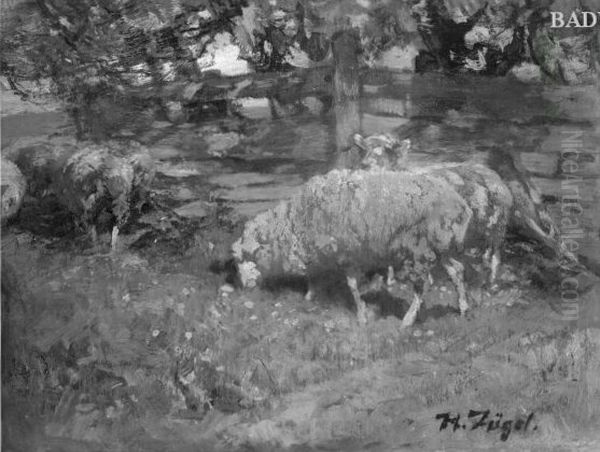 Grasende Schafe vor einem Zaun Oil Painting by Heinrich Johann Von Zugel