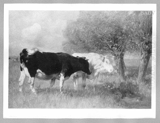 two cows Oil Painting by Heinrich Johann Von Zugel