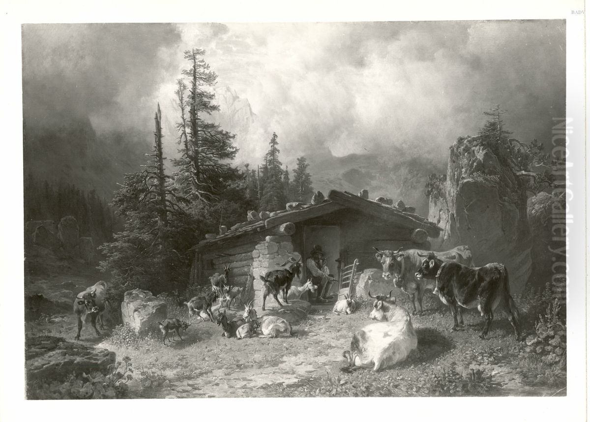 Hirt mit Kuhen und Ziegen vor der Almhutte Oil Painting by Friedrich Voltz