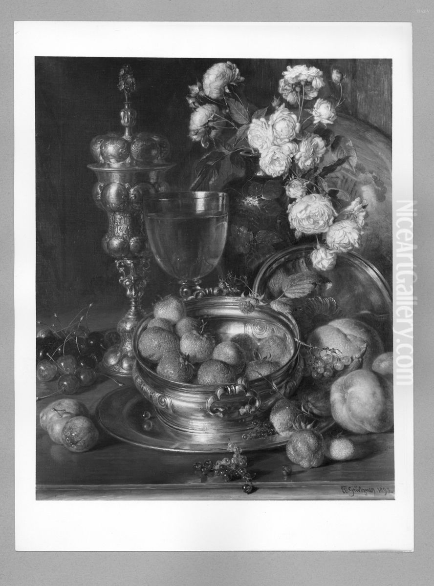 Stillleben mit Pokalen, Rosen und Fruchten Oil Painting by Eduard Von Grutzner