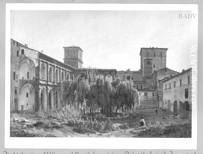 Italian courtyard and church Oil Painting by Thomas Ender