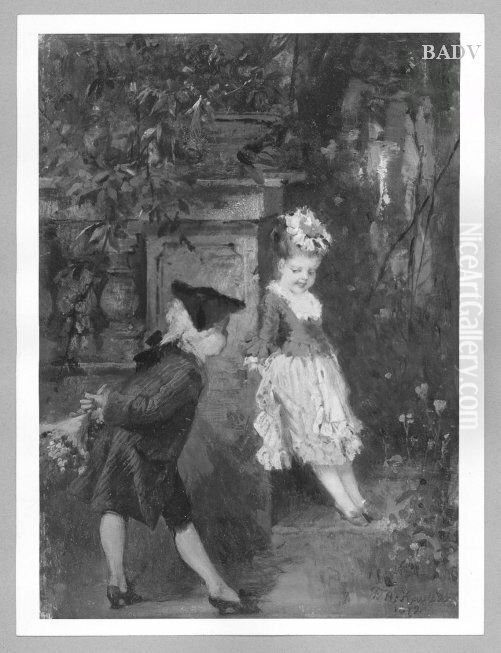 Young couple in Rococo costume Oil Painting by Friedrich August von Kaulbach