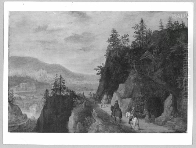 Travellors + hermits in mountain-landscape Oil Painting by Joos de Momper the Younger