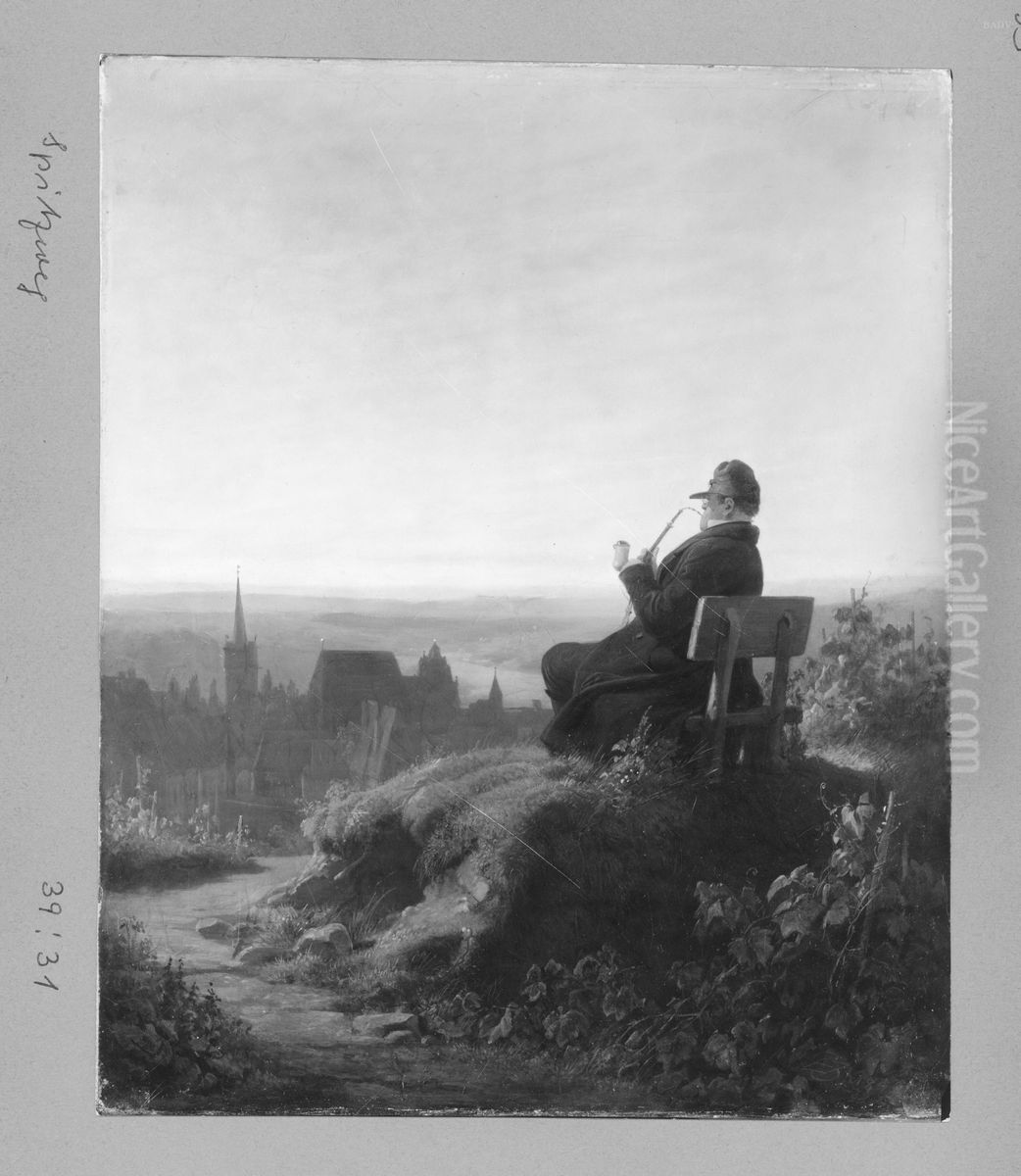 Das Lieblingsplatzchen, Blick von einer Anhohe auf eine Stadt (Mann mit Pfeife) Oil Painting by Carl Spitzweg