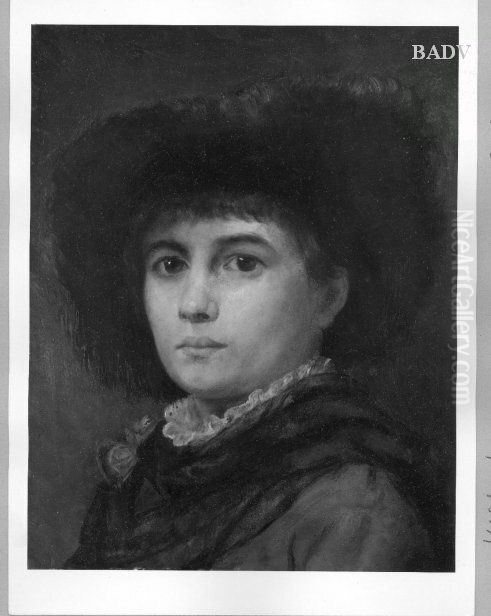 Portrait of woman with hat and red flower Oil Painting by Hans Makart