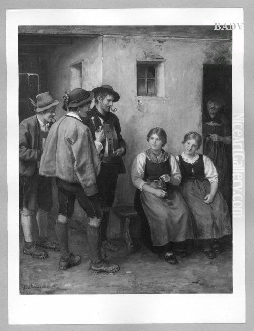 Die Unterhaltung, drei Manner, zwei Madchen und eine alte Frau Oil Painting by Franz Defregger