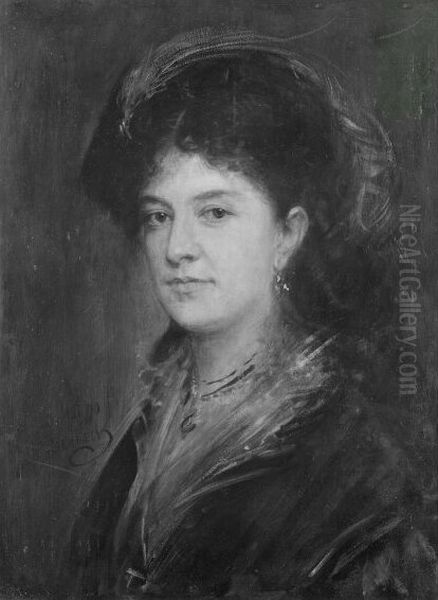 Weibliches Bildnis mit Federbarett Oil Painting by Lenbach Franz Von