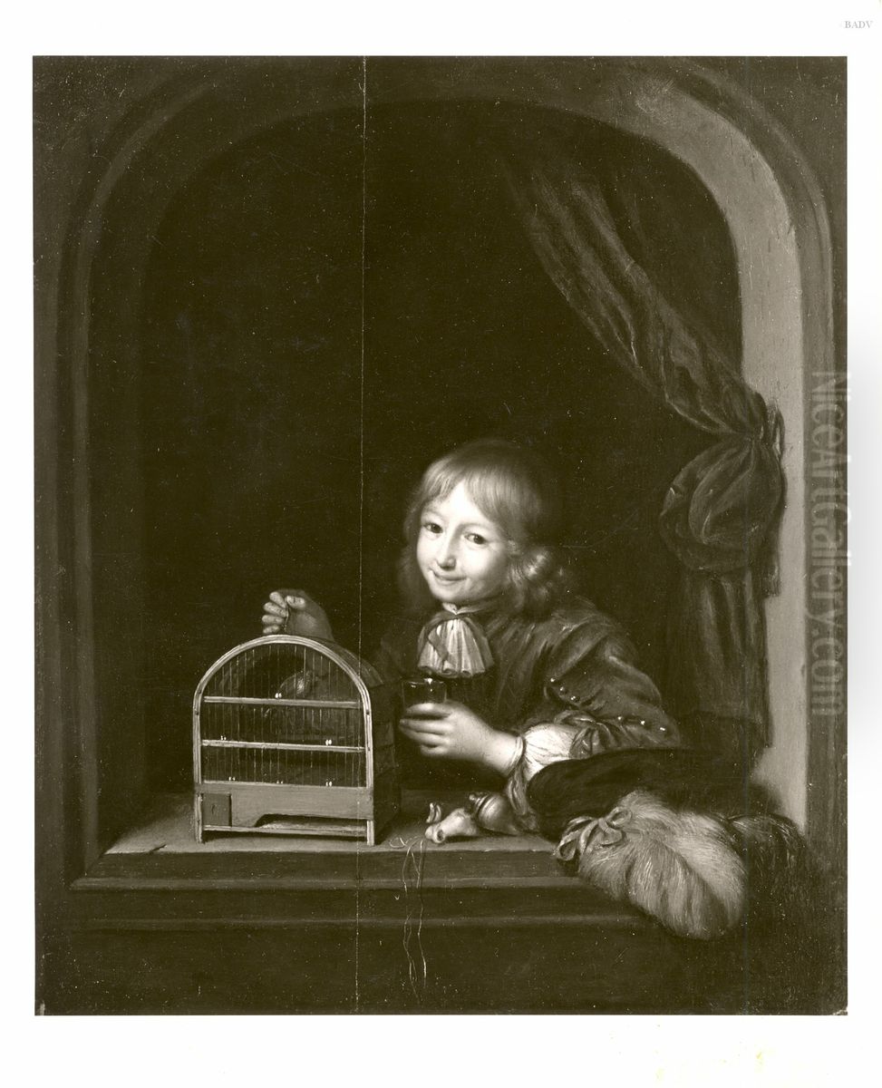 Knabe mit Fenster und Vogelbauer Oil Painting by Frans van Mieris