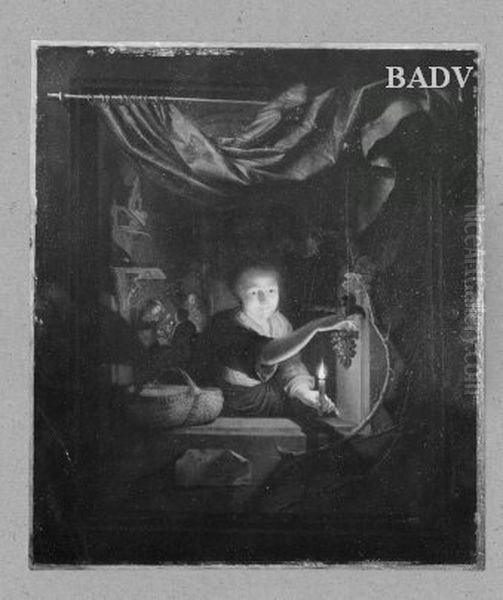 Madchen mit Kerze am Fenster, eine Traube pfluckend Oil Painting by Gerrit Dou