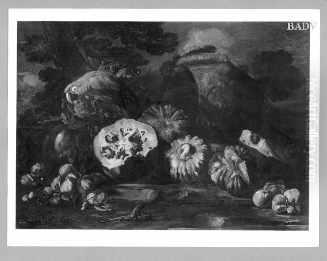 Stilleben mit Melonen + Papagei Oil Painting by Giovanni Francesco Barbieri