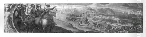 Battle - scene in landscape with town Oil Painting by Palma il Giovane