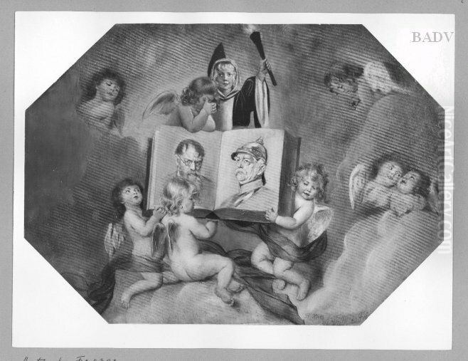 Gedenkbild auf Lenbachs Tod mit Munchener Kindl Oil Painting by Rudolf Hirth Du Frenes