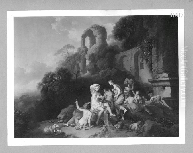 group of nymphs in front of ruins. Oil Painting by Christian Wilhelm Ernst Dietrich