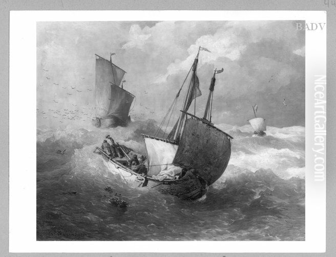 Segelboote bei sturmischer See Oil Painting by Andreas Achenbach