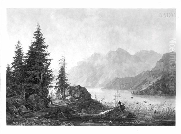 a hunter at a mountain - lake Oil Painting by Heinrich Burkel