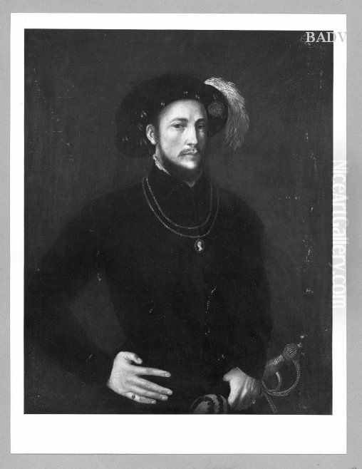 Bildnis eines Edelmanns in Schwarz mit Degen und Barett Oil Painting by Lorenzo Lotto