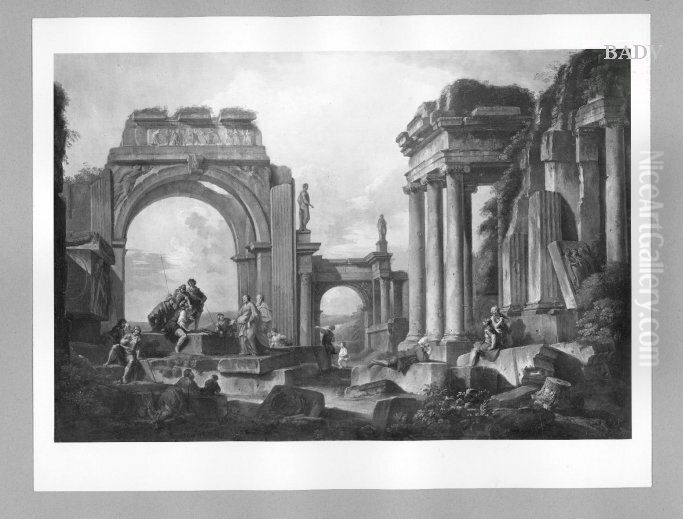 Grosse Landschaft mit romischen Ruinen und Staffage Oil Painting by Giovanni Paolo Panini