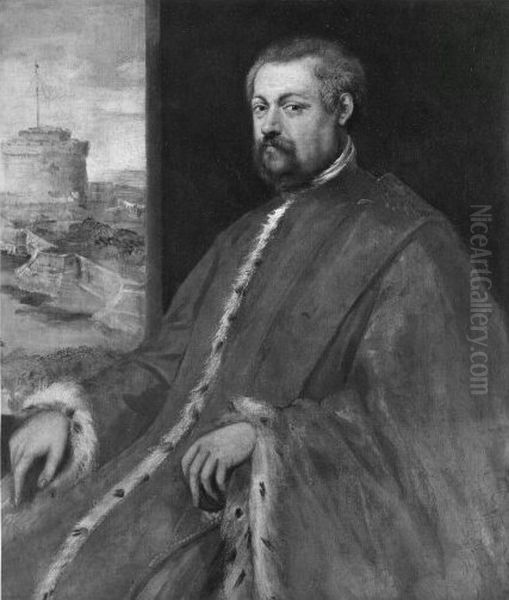 Bildnis eines Mannes im pelzbesetzten Talar mit Fenster (Im Hintergrund die Engelsburg sichtbar) Oil Painting by Jacopo Tintoretto