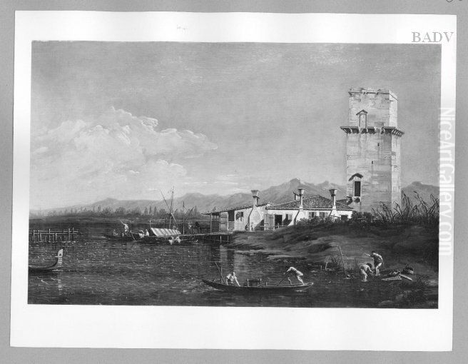 Italienische Uferlandschaft mit Turm und Booten (La torre di Marghera) Oil Painting by Canaletto