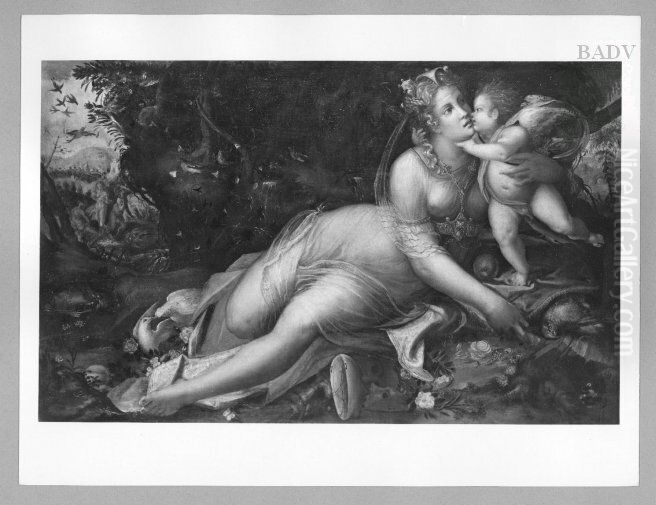 Venus and Amor in scenery Oil Painting by Frans Floris I