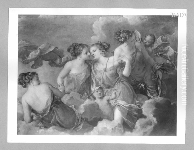 4 women on clouds with Amor, putto Oil Painting by Pietro Liberi