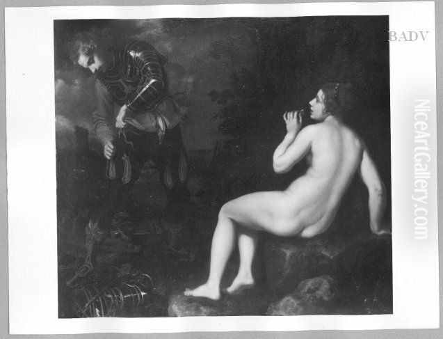 Ritter in schwarzer Rustung und bekleidete Frau, in d. Hand einen Ring Oil Painting by Giovanni Biliverti