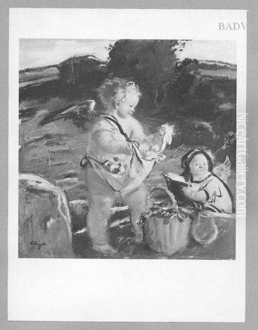 2 little angels with flowers in a landscape Oil Painting by Adolf Hengeler