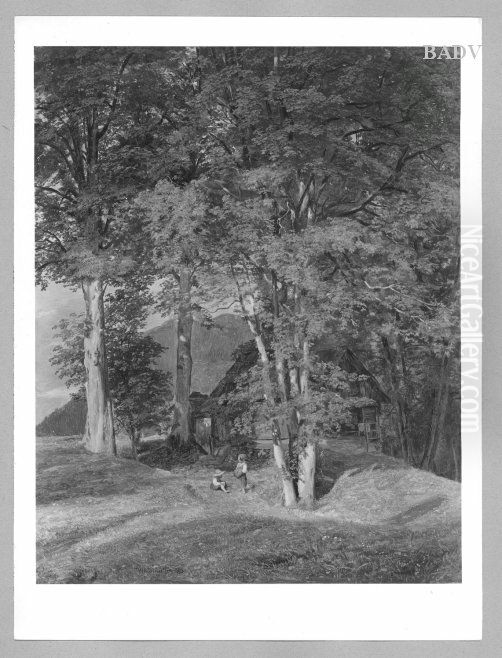Maple trees near Ischl (house under trees and two children) Oil Painting by Ferdinand Georg Waldmuller