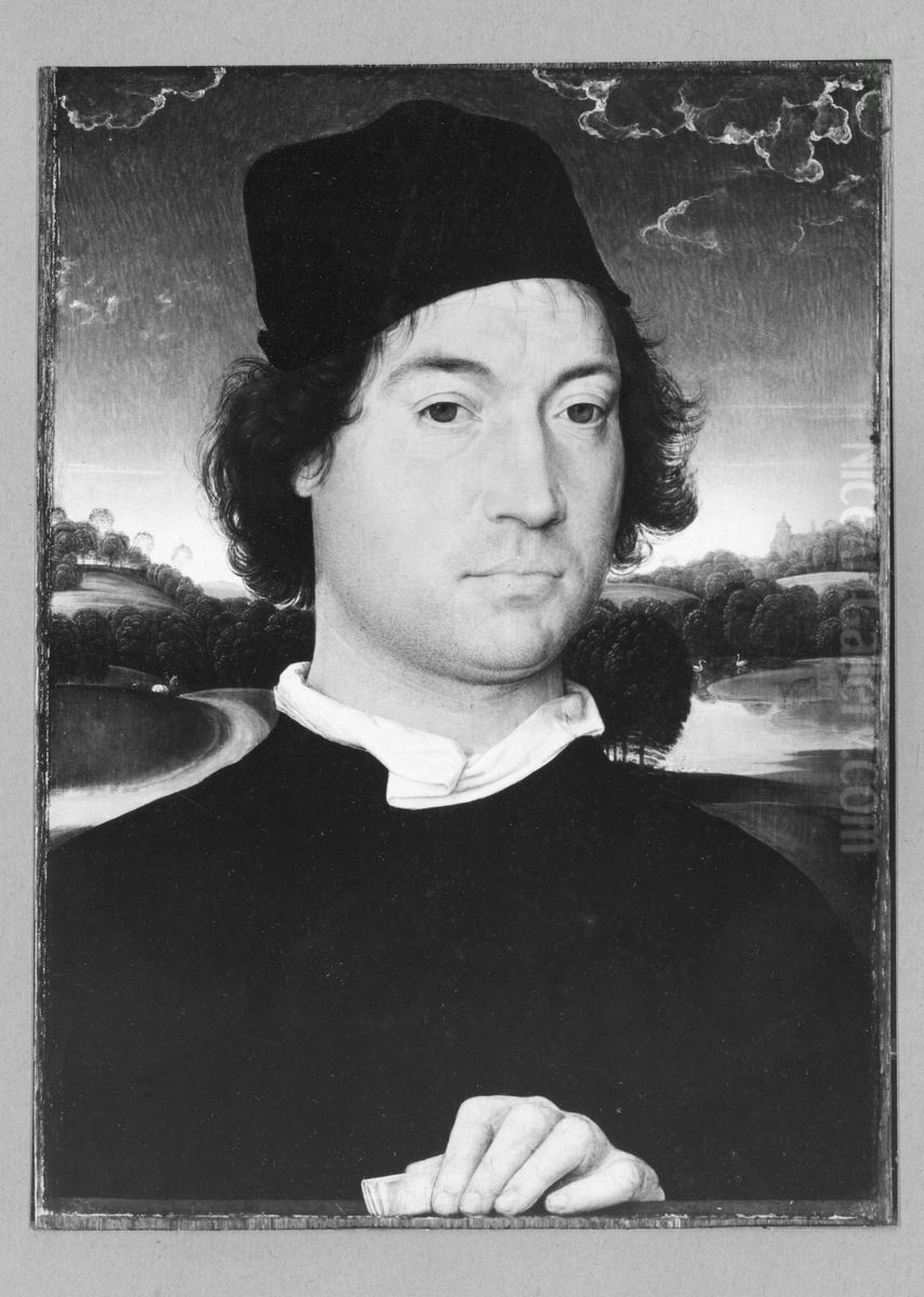 Portrat eines Mannes mit schwarzer Kappe vor Landschaft Oil Painting by (manner of) Memling, Hans