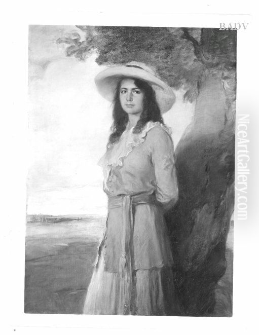 portrait of daughter Hedda with large hat Oil Painting by Friedrich August von Kaulbach