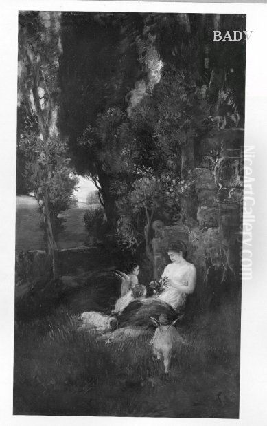 Frauengestalt mit Putten in Parklandschaft Oil Painting by Friedrich August von Kaulbach